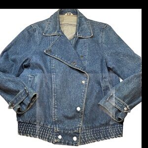 Vintage denim biker jacket womens L biker bomber style made turkey coat 80s 90s